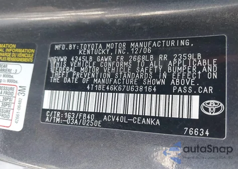 2007 Toyota Camry Le из США, поврежденный, VIN 4T1BE46K67U638164